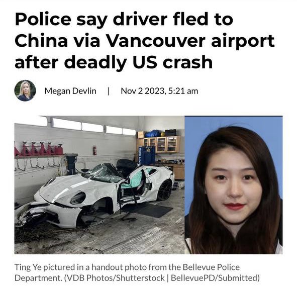 美国华盛顿州26岁中国籍女子叶婷酒驾造成副驾驶27岁Liu姓男子当场死亡